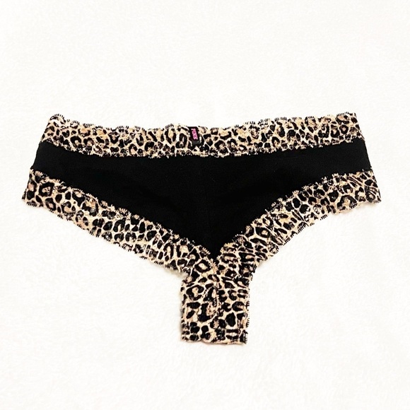 Victoria’s Secret PINK Animal Print Black Lace Trim Cheeky Panty Small Low Rise - Picture 1 of 5